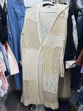Free People BOHO Patchwork Long Cardigan Sweater - Cream